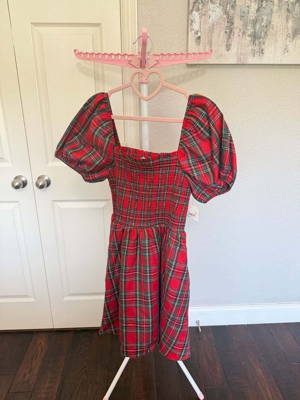 Altar'd State Red Plaid Smocked Puff Sleeve Mini Dress